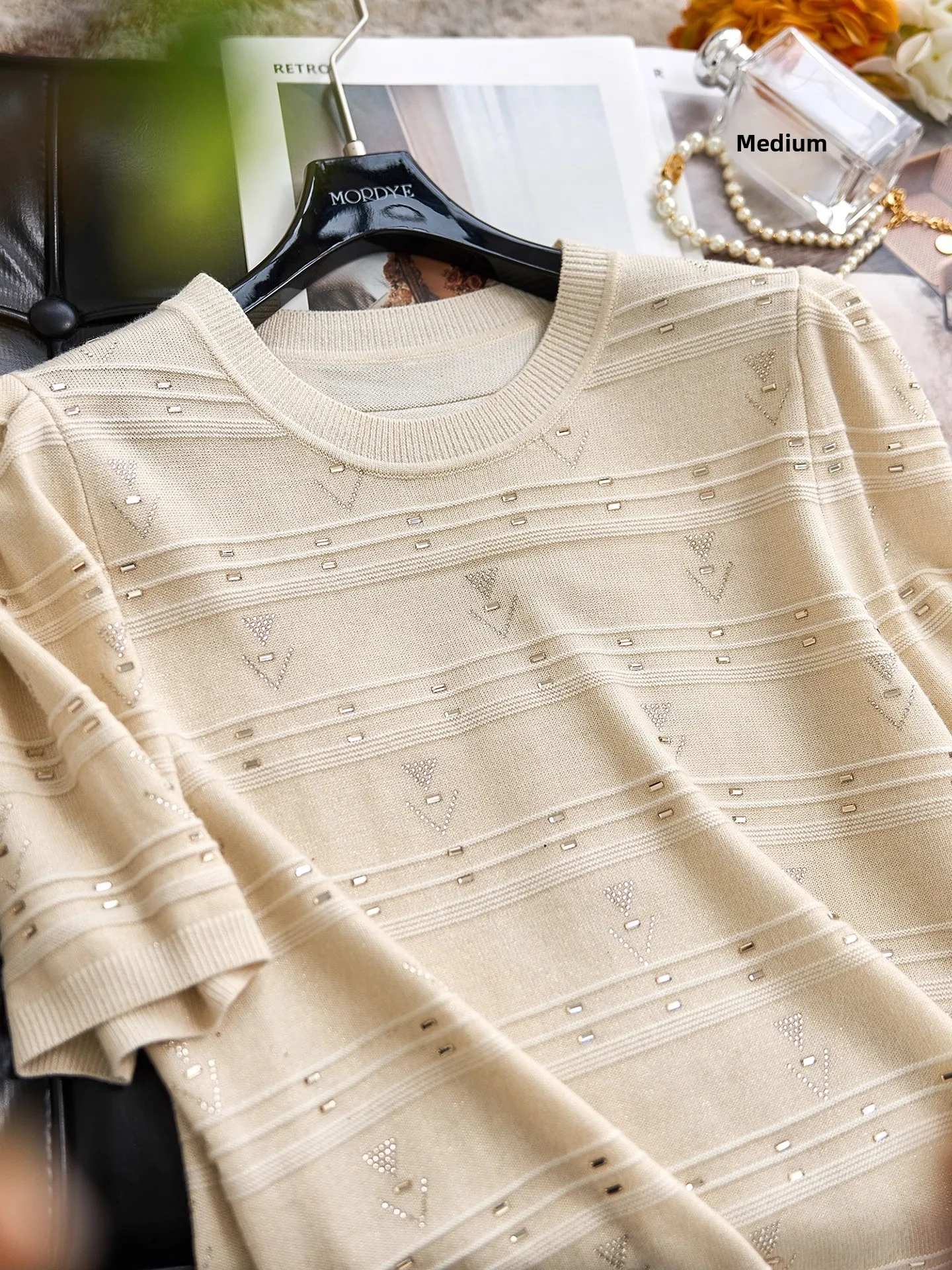 

Ele Bubble Sve ort Knitted Sweater Diamond Embellied Fine Wool Casual Sle Women's Faion Autumn Top