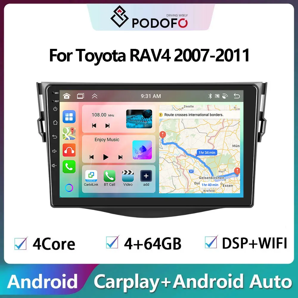 Podofo Android WiFi Car Radio For Toyota RAV4 2007-2011 Carplay Auoradio Stereo Player GPS Navigation FM/RDS Head Unit