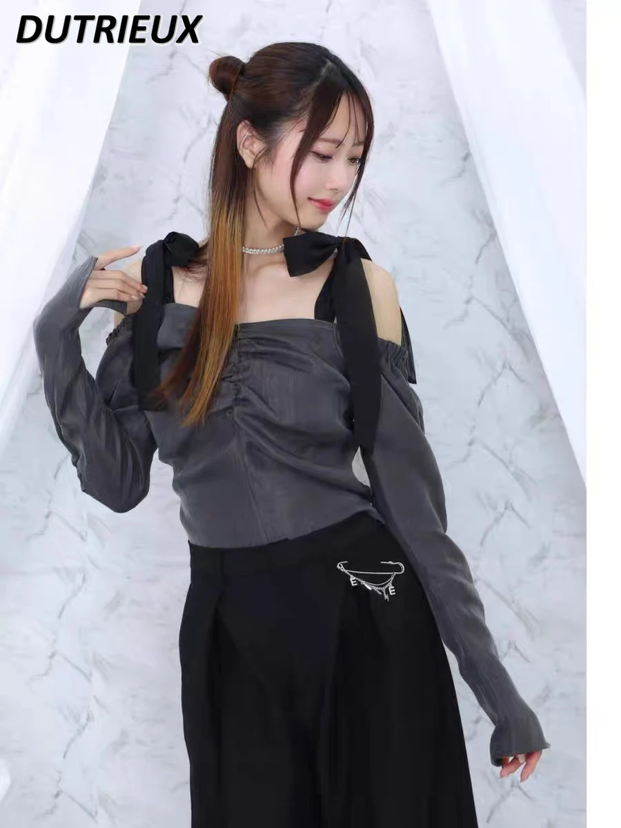 Primavera y otoño nuevo diseño fuera del hombro Top con cordones dulce linda blusa para niñas Color sólido manga larga Camisa corta versátil