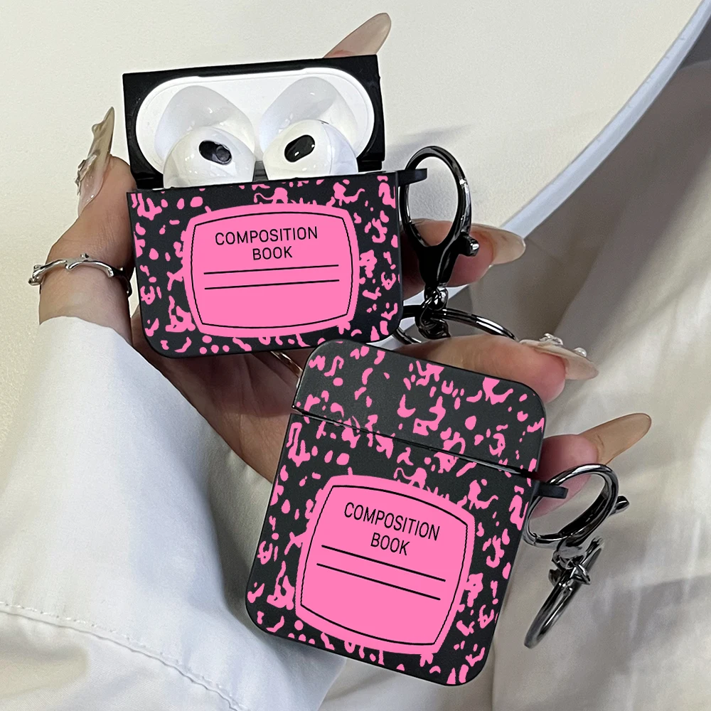 AirPods Pro3/Pro2/Pro, AirPods 1/2/3/4용 핑크색 작문책 패턴 이어폰 케이스, 키체인이 있는 충격 방지 보호 커버