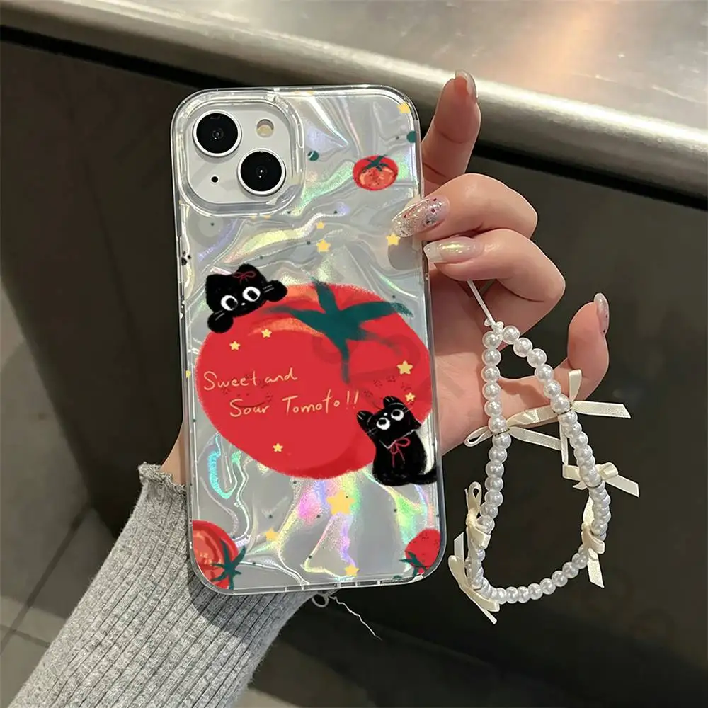 

Shiny Cute Tomato Phone Case For iPhone 17 16 15 13 14 Pro Max 11 12 Plus Luxury Laser Silver Gradient Silicone Cover