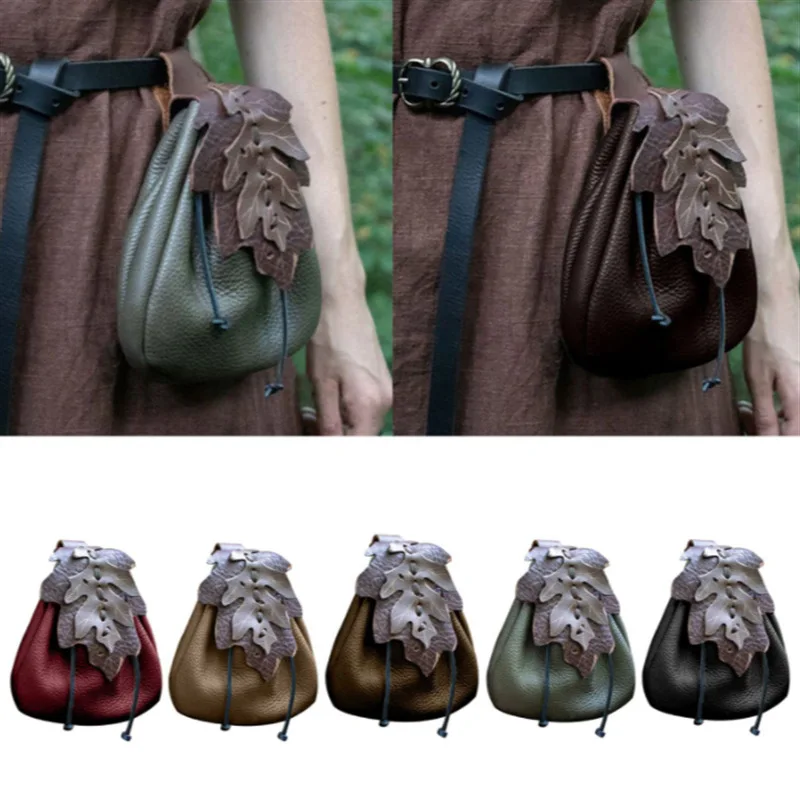 Drawstring Waist Bag Medieval Leaf Tobacco Wallet Coin Purse Leather Vintage Europe Leaf Pattern Lace-Up Fanny Pack