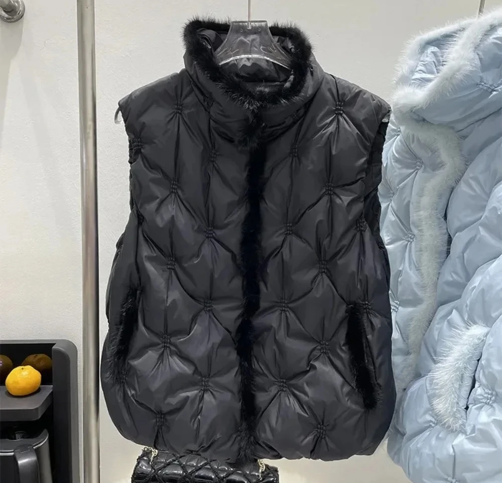 Nieuwe Borduren Vest FemaleOuterwear Winter Vrouwen Echte Natuurlijke Nertsen Bont Jas Warm Witte Eend Donsjack Mouwloos