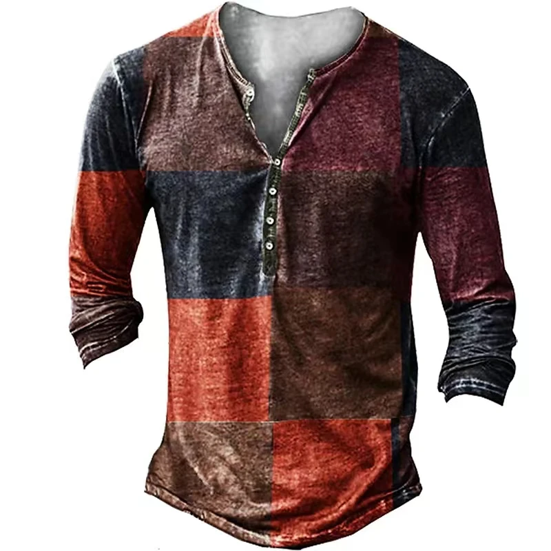 Vintage Men\'s T-Shirts With Button Ethnic Pattern Print Spring Autumn Loose O-Neck Long Sleeve Oversized T Shirts Male Clothing