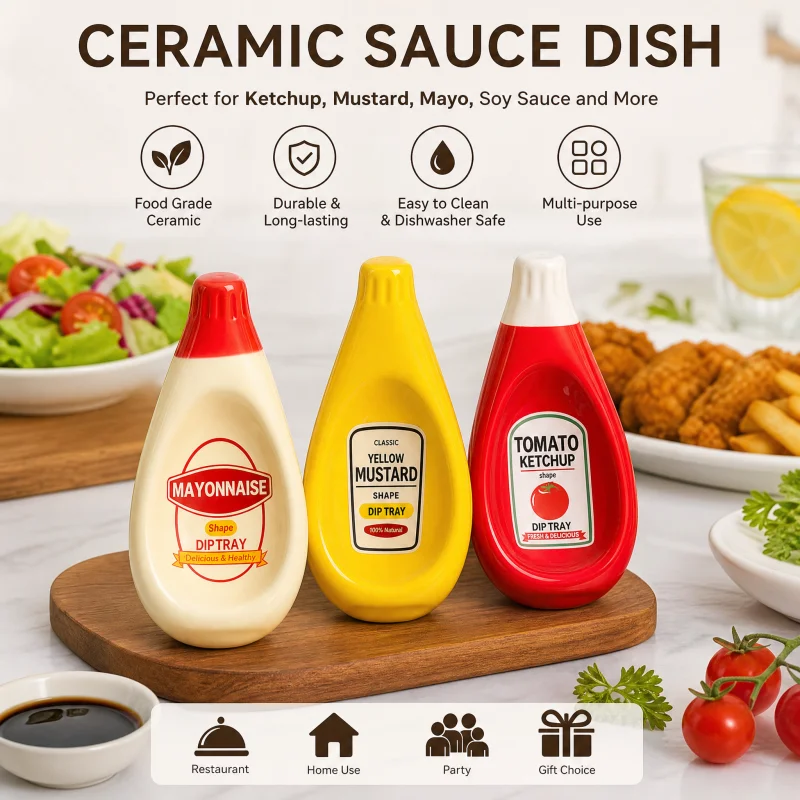 Neuartige Saucenflaschen-förmige Keramik-Dip-Schale für Ketchup, Senf, Mayonnaise, Gewürze und Salatdressing für Restaurant, Zuhause und Küche
