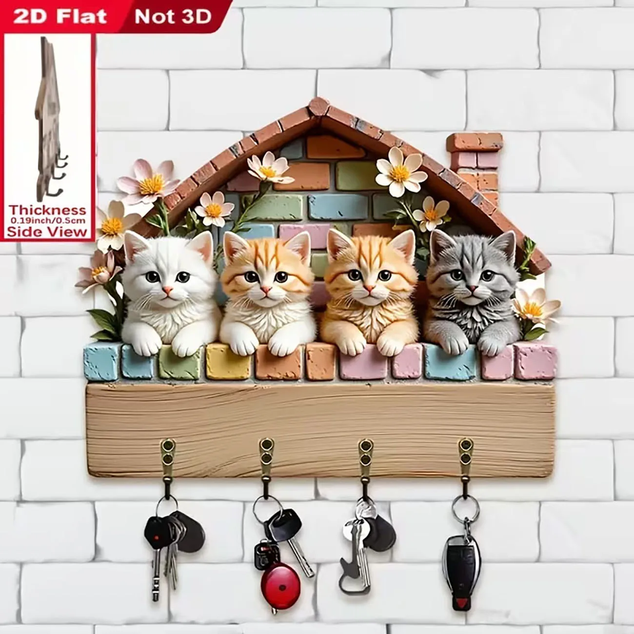 2D flat house key holder with four peeking kittens print, four hooks, colorful brick floral pet wall decor.