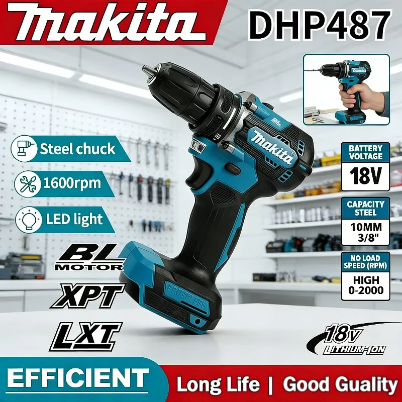 

Аккумуляторная бесщеточная ударная дрель-шуруповерт Makita DHP487 18V LXT, компактный ударный инструмент