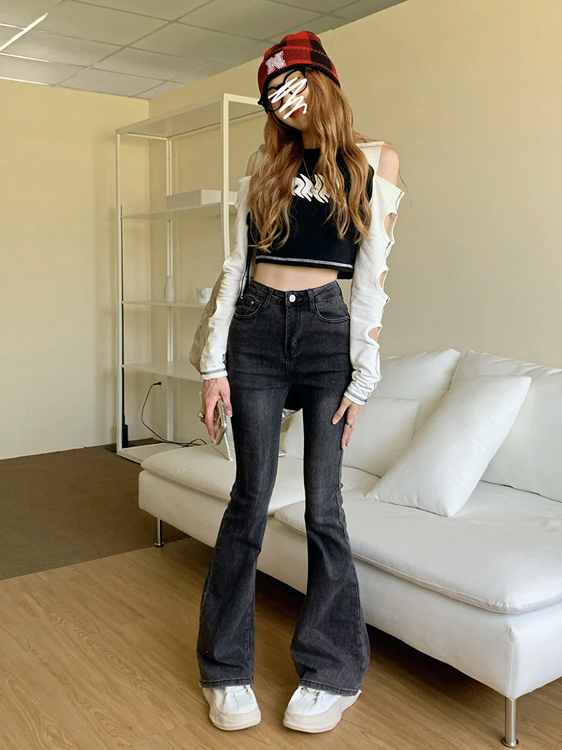 REDDACHiC Heart Pockets Flare Jeans Women Retro Gray Wash Stretch Skinny Bootcut Pants High Waist Trousers Grunge Y2k Streetwear