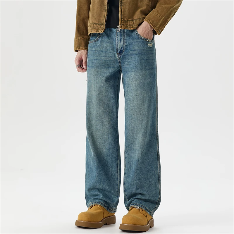 

Классические синие винтажные потертые джинсы для мужчин, осень-весна-осень и зима, повседневные длинные брюки с широкими штанинами и прямыми штанинами