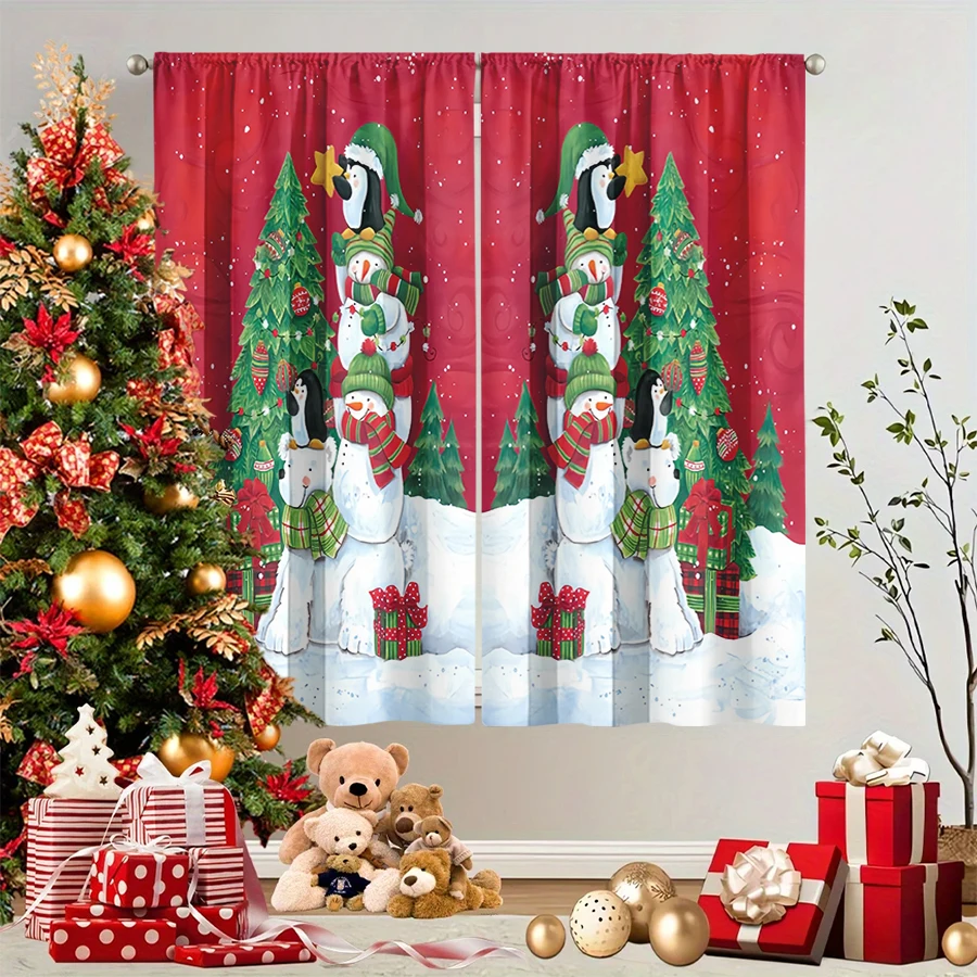 2PCS Christmas Winter Curtains, Animal Stack Penguin Snowman Bear Tree Red, Digital Print, Bedroom Living Room, Home Decor
