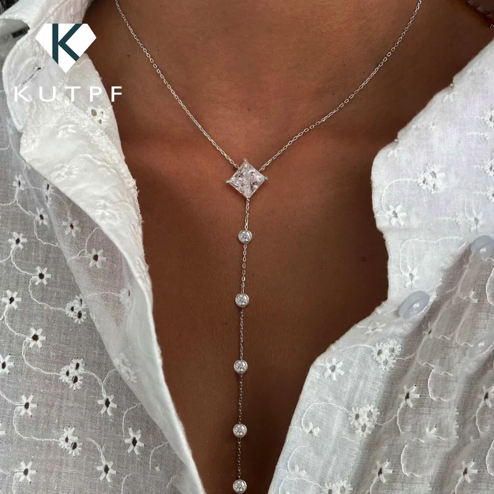 1carat Princess Cut Moissanite Lariat Necklace with Round Bubble Pendant Necklace Y-shape S925 Silver Square Neckchain for Women