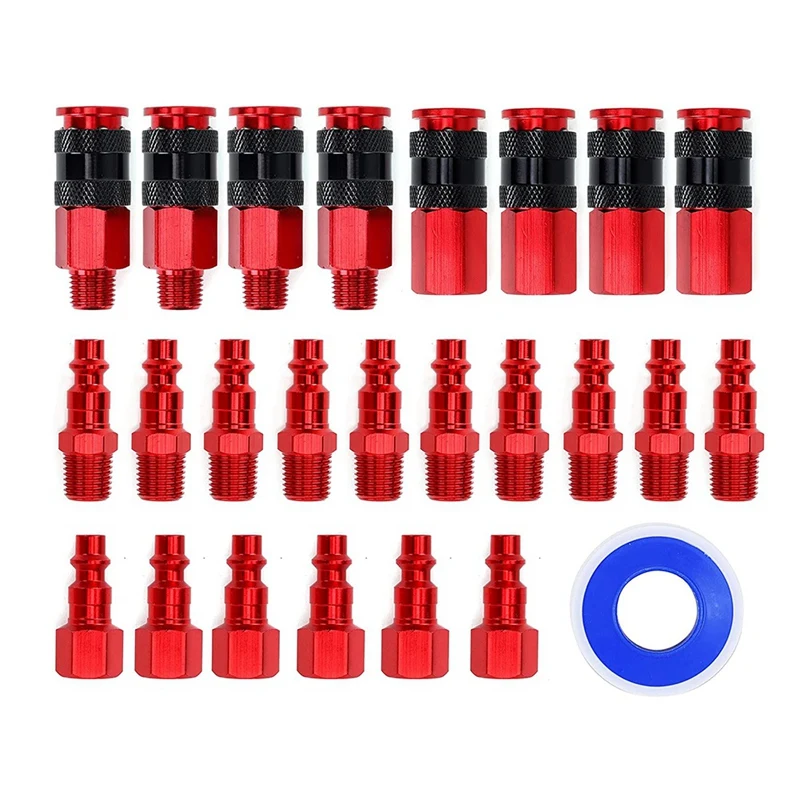 25Pieces 1/4Inch NPT Air Coupler And Plug Kit Industrial Aluminum Quick Connect Connector Set