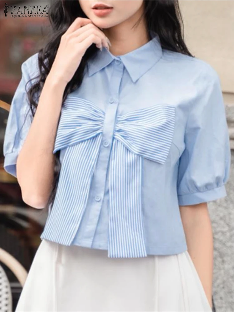 

Stylish Bow Shirts Women Casual Loose Short Sleeve Blusas 2025 ZANZRA Fashion Turn-Down Collar Tunic Solid Color Tops Oversized