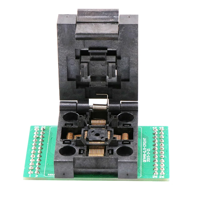 The socket used for QFP48 chip burning has a pin center distance of 0.5mm, a chip body size of 5X5mm, and a pin size of 7X7mm