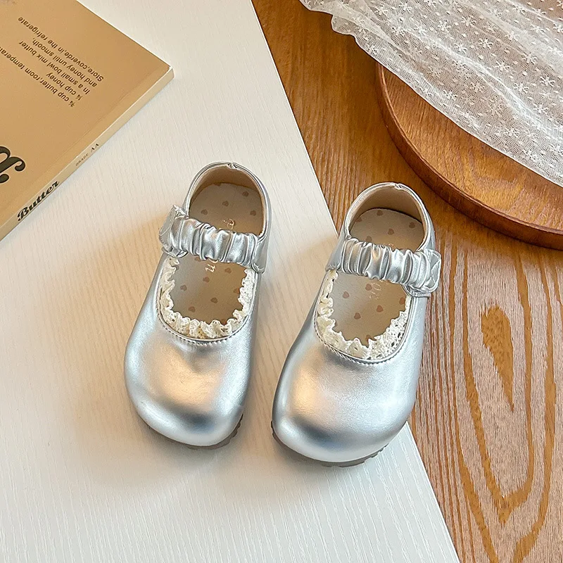 

Girls' Solid Color Lace-trimmed Pu Leather Shoes, 2026 Spring/summer New Style, Performance Shoes for Little Girls,Children.