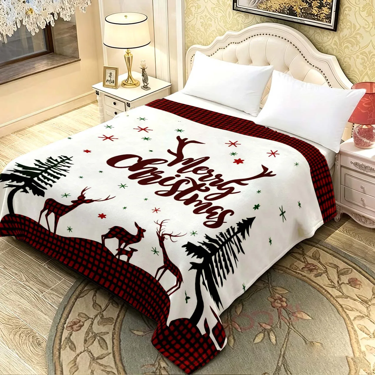 1pc Christmas Reindeer Pattern Flannel Blanket, Gift for Family And Friends, Suitable for Nap, Office, Sofa, Bed, Shawl, Holiday