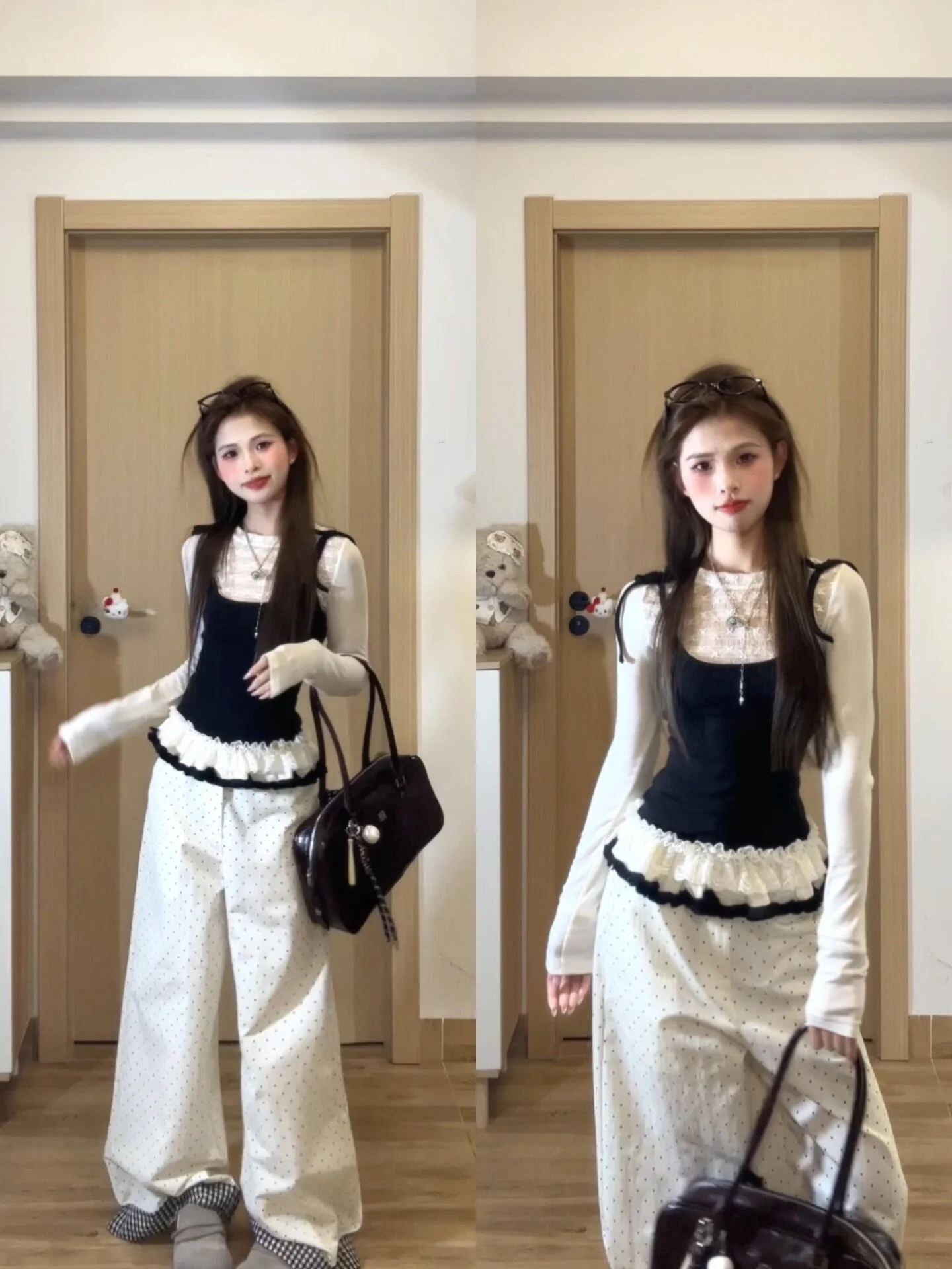 

Korean Sle Long Sve Lace Trim Splice Design Women's T-irt Spring Youth Ballet Sle Slim Fit Base Thin Top