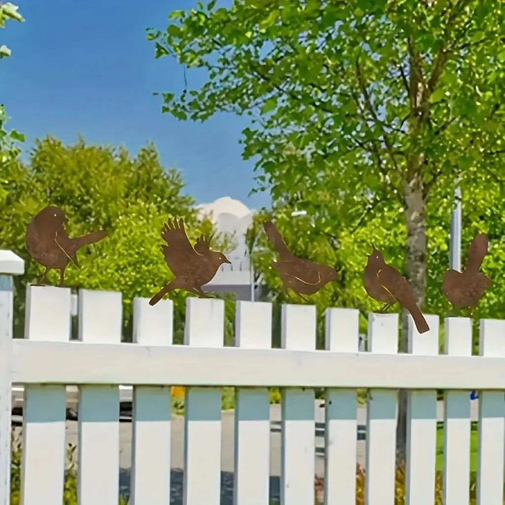 5pcs Vintage Garden Birds for All Seasons. Sparrow Designs, Outdoor Fence Decor. Nature style.