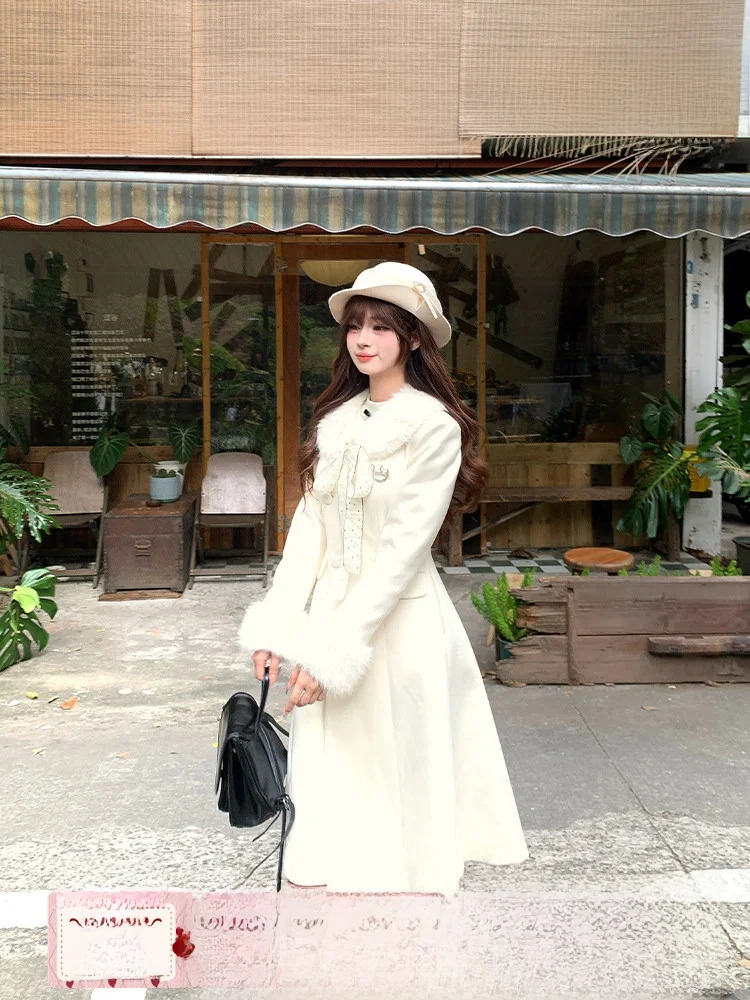 

Princ Sle Thiened Woolen Coat for Women Long Sve Mid-Length Cotton Lined White Winter Jaet Sweet Sle Polyester ...