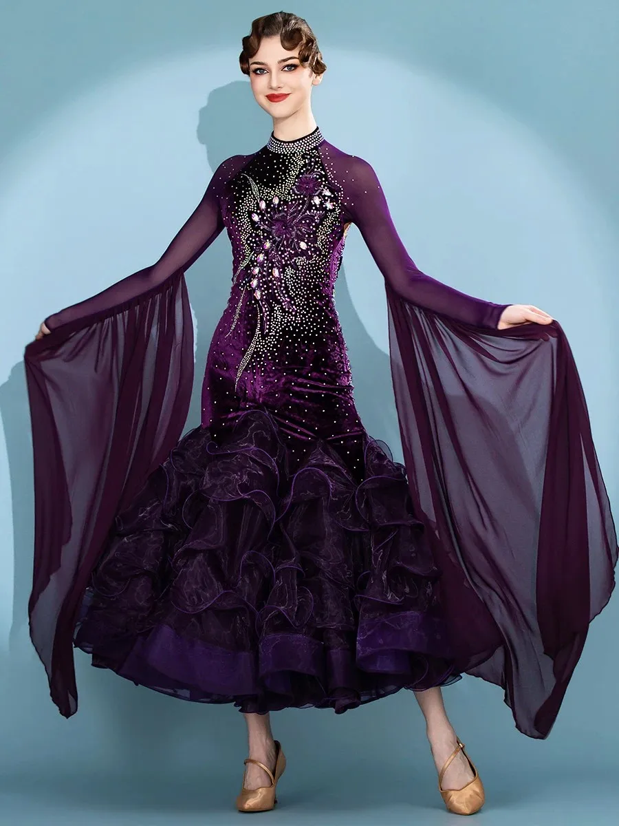 

Purple Women's Ballroom Dance Dress High-end Long Sleeves Big Swing Dresses Customize Adult Waltz Ango Modern Contest Clothes