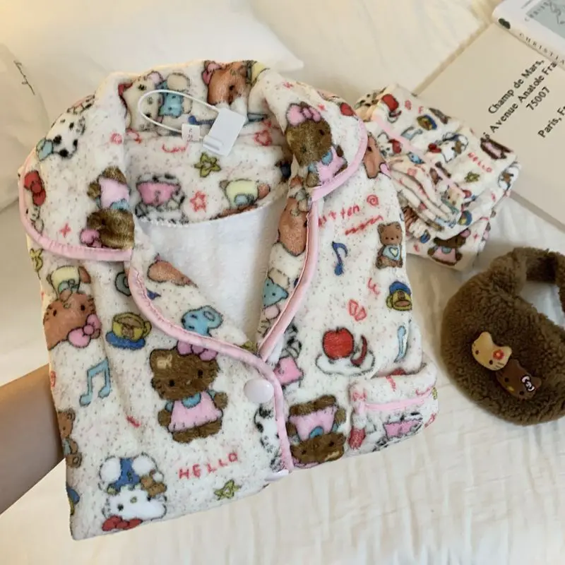 

Осенне-зимняя пижама женская, с мультяшным принтом котенка, теплая, утолщенная, для дома, можно носить на выход, комплект из кораллового флиса, одежда для сна