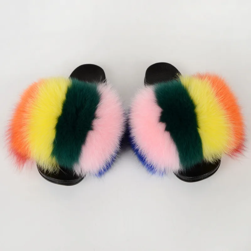 Full Fox Fur Slippers Women  Fluffy Furry Flip  Beach Sandals Non-Slip Wear-Resistant Flat Sandals Casual Outdoor Ladies Slides