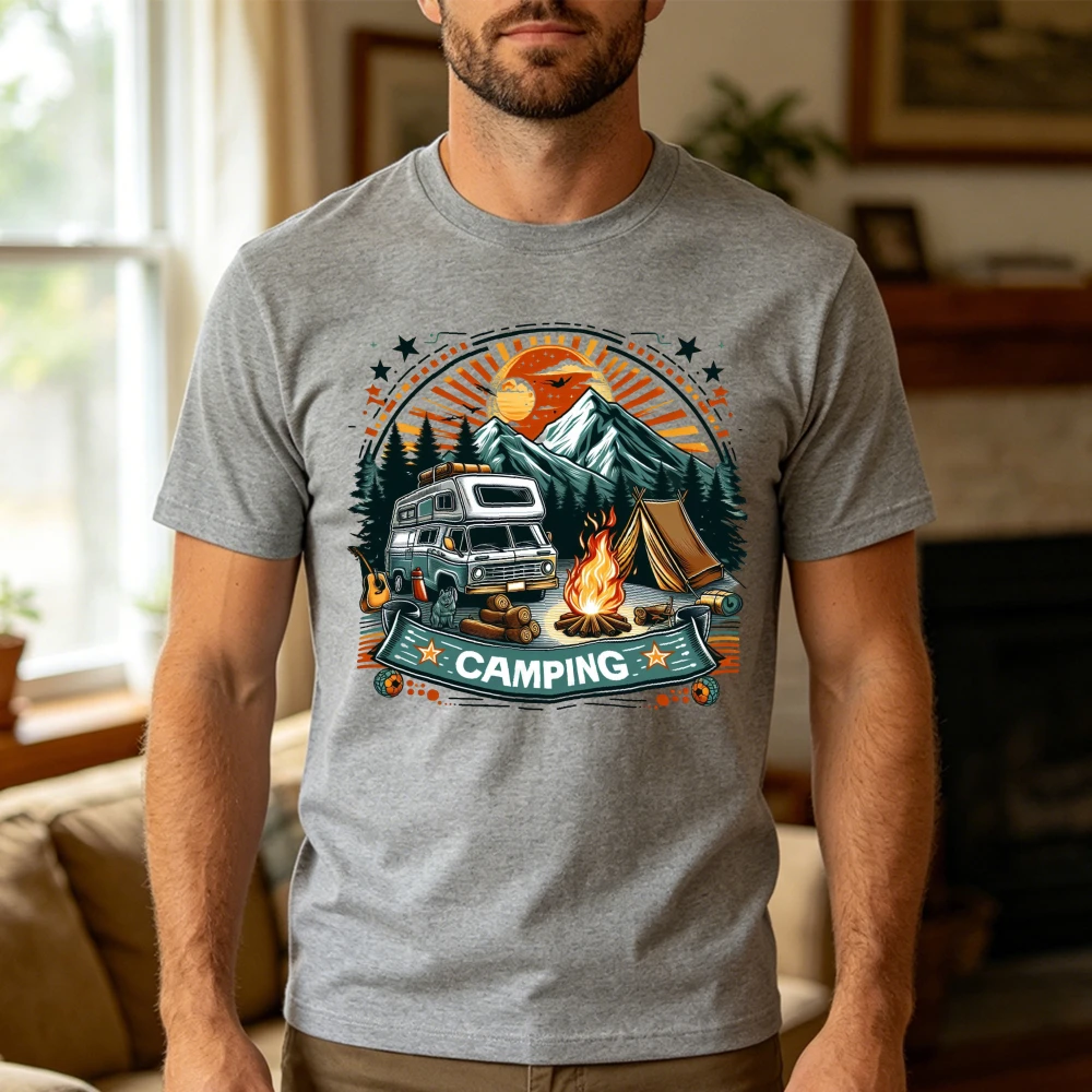 Camper Van Tent Camping Fire Mountain Graphic Men T Shirt Premium Cotton Tee Outdoor Travel Vacation Tops