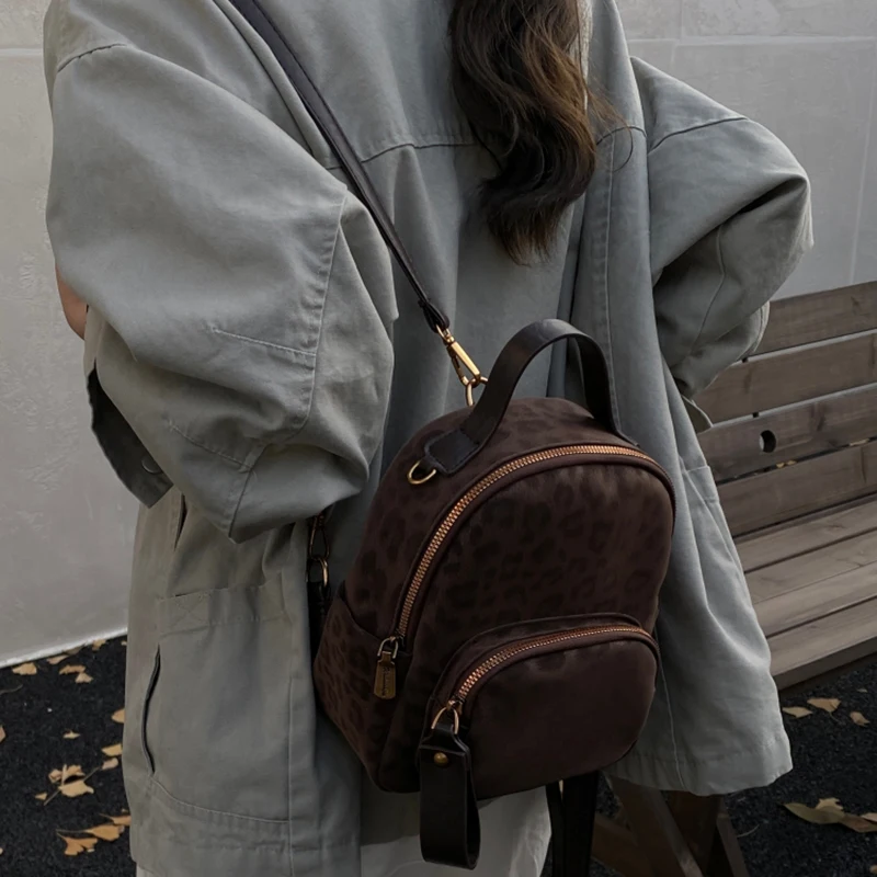 Korean Small Backpack for Women 2026 New Trendy Vintage Leopard Versatile Double Shoulder Bag Casual Simple Student Handbag