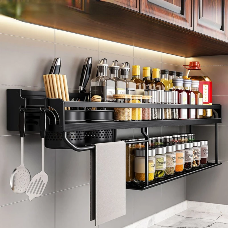 60/70/80cm Kitchen Shelf Wall Mount Spice Rack Seasoning Storage Rack Knife holder Chopstick Organizer Kitchen Accessory