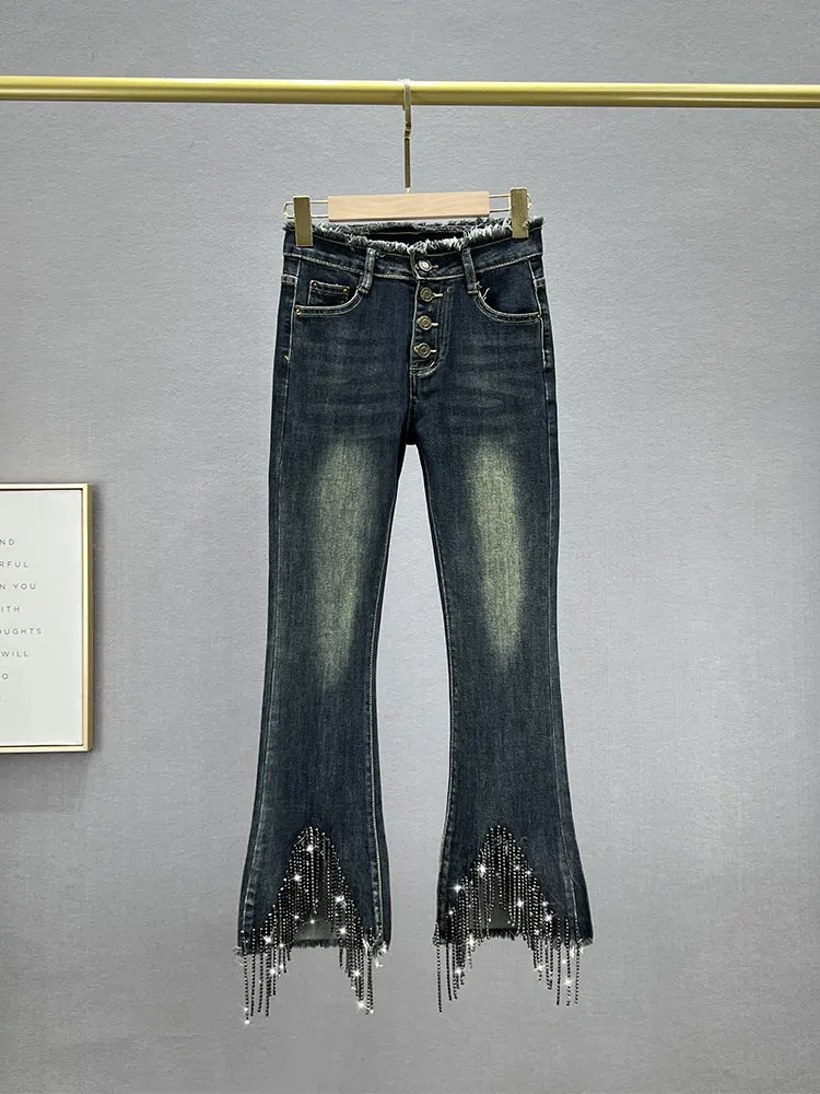 

Женские джинсы с высокой талией, облегающие, с бахромой и стразами, из эластичного хлопкового денима, микро-клеш, осенний модный тренд