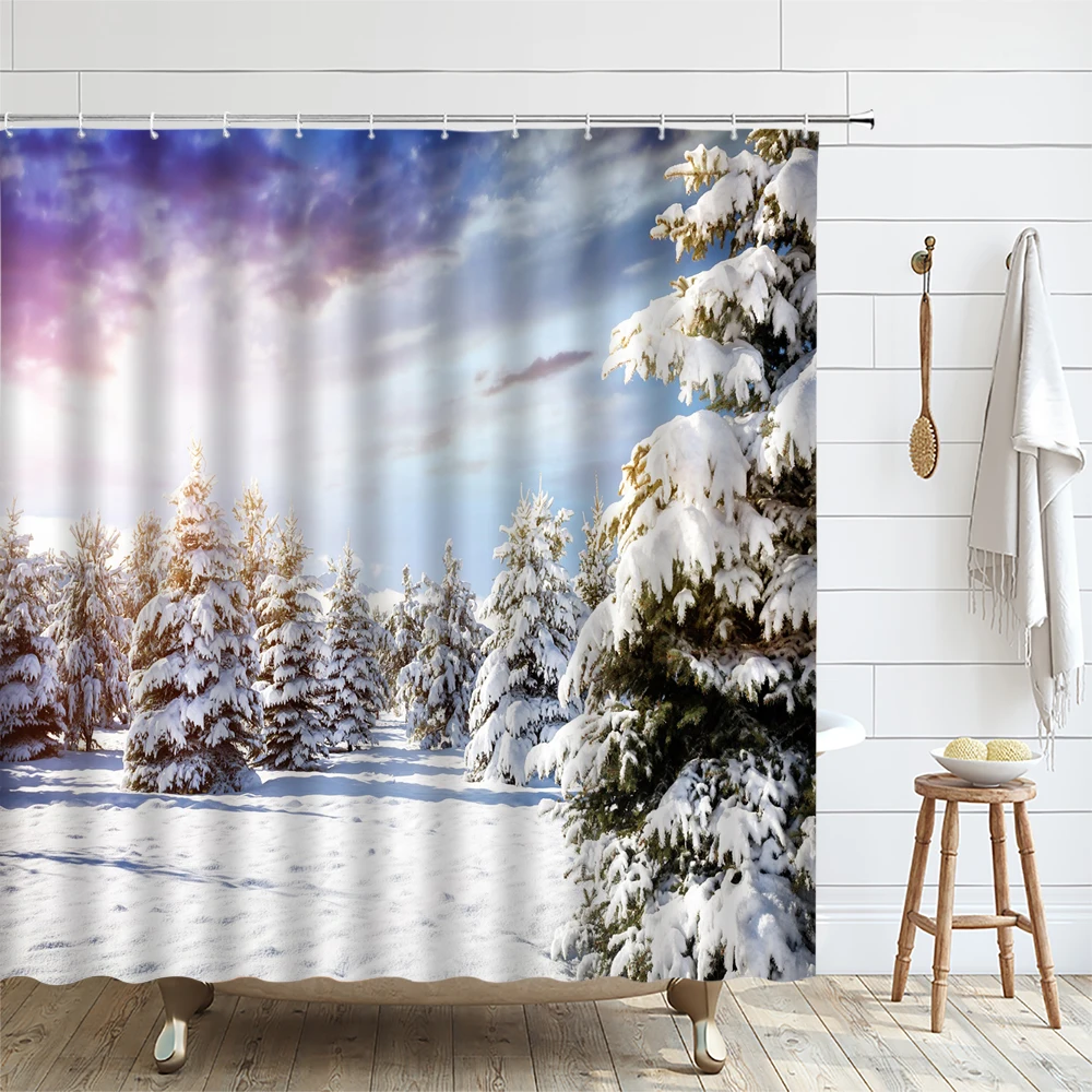 Winter Farmhouse Christmas Shower Curtain Rustic Snowy Pine Trees Foggy Forest Fabric Snowflake Nature Scene Bathroom Curtains