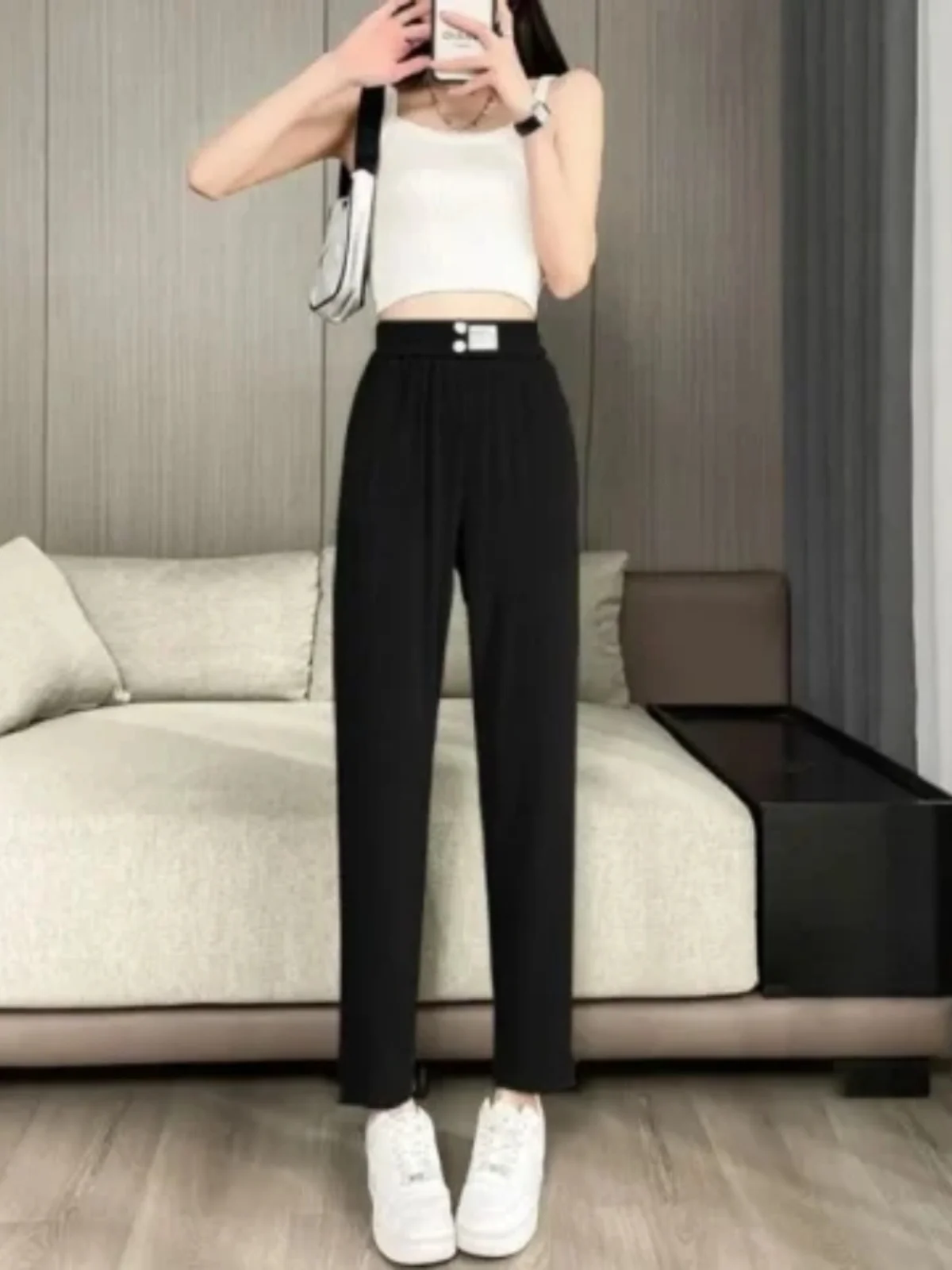 

Тонкие летние спортивные брюки женские, повседневные, свободные, утягивающие, фасона «гарем», с высокой талией, драпированные, из ледяного шелка, в стиле Харадзюку