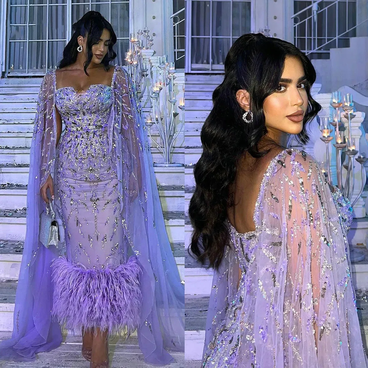 Arabic Elegant Lilac Feathers Midi Evening Dresses with Shoulder Cape Sleeve Women Formal Prom Gowns for Wedding Party Events