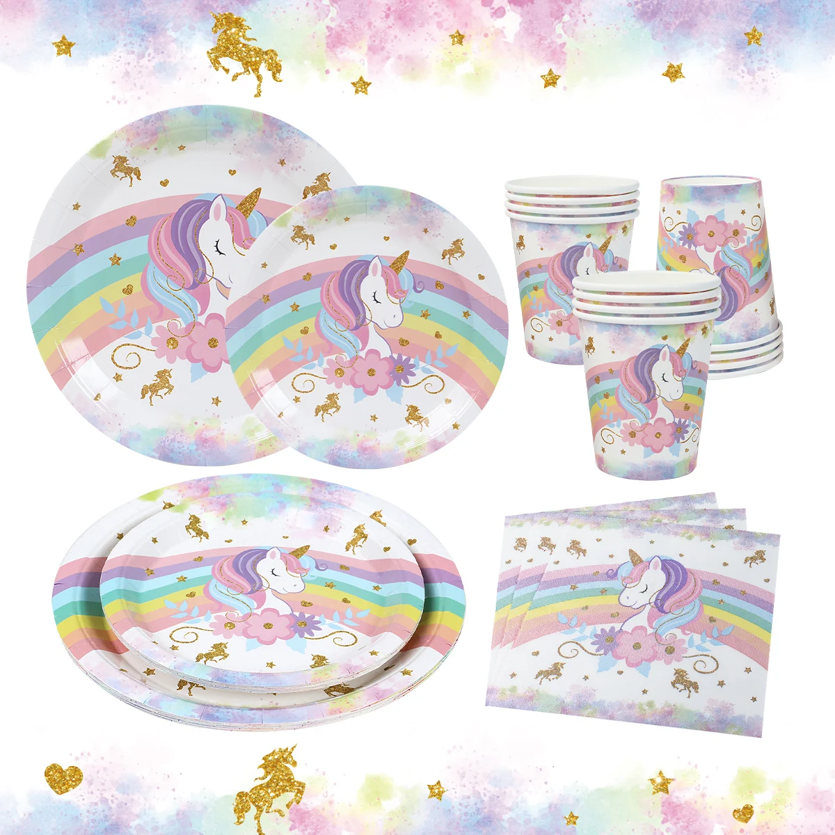 Regenbogen-Einhorn Einweggeschirr für die 1. Geburtstagsfeier – Einhorn-Motto-Dekorationen für Kinder, Hochzeiten, Babypartys und Mädchen-Partys – Detail 8