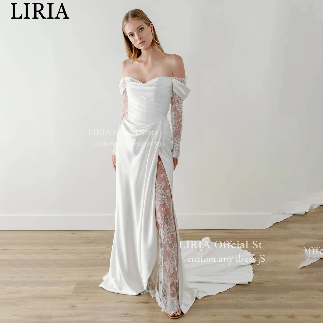 LIRIA Elegantes Vestidos de Novia Clásicos Blancos para Mujer, de Satén, con Abertura Alta, sin Tirantes, Largos, Personalizables