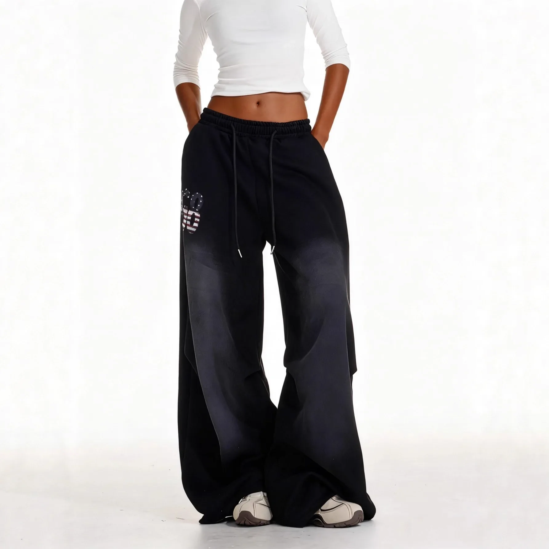 

Retro Spice Girl Printed Black Casual Sweatpants Women's Autumn New Loose Versatile Dancing Wide Leg Pants