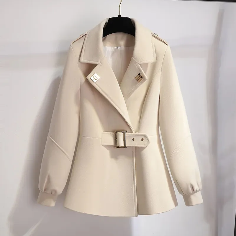 2023 New Autumn And Winter Wool Jacket Womens Clothing Woolen Coats Belt Short Clothes Female Beige Windbreaker Outerwear