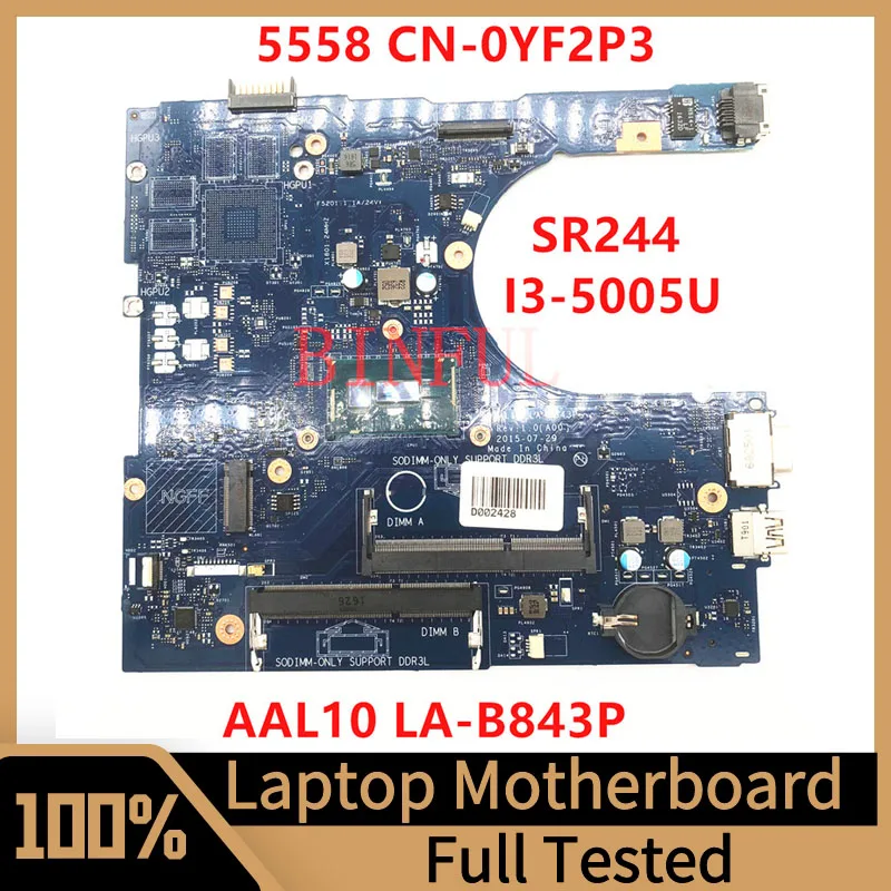 CN-0YF2P3 0YF2P3 YF2P3 FOR Dell 3458 5558 5458 5758 Laptop Motherboard AAL10 LA-B843P With SR244 I3-5005U CPU 100%Full Tested OK