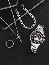 4pcs Business style Silver Mechanical design Men's alloy band calendar quartz watch with alloy cross necklace bracelet ring set