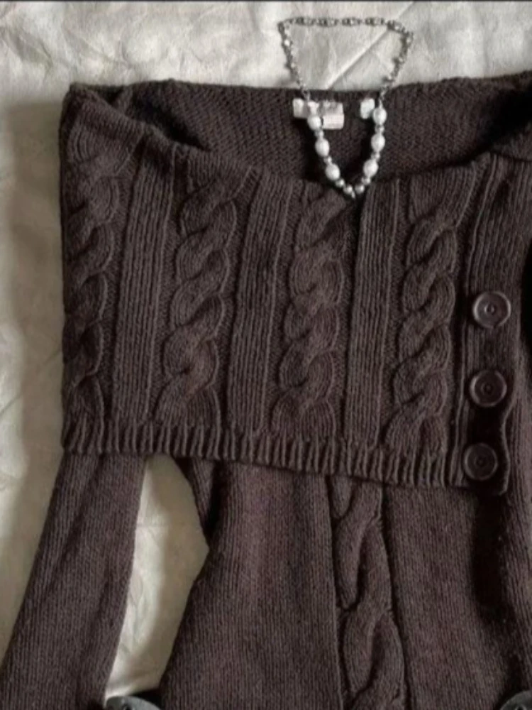 بلوزات غير مغطية للكتف متماسكة سترة عتيقة بني كم طويل سليم صالح تريكو البلوز الفرنسية الرجعية Y2k الخريف الشتاء وتتسابق 2025 #4