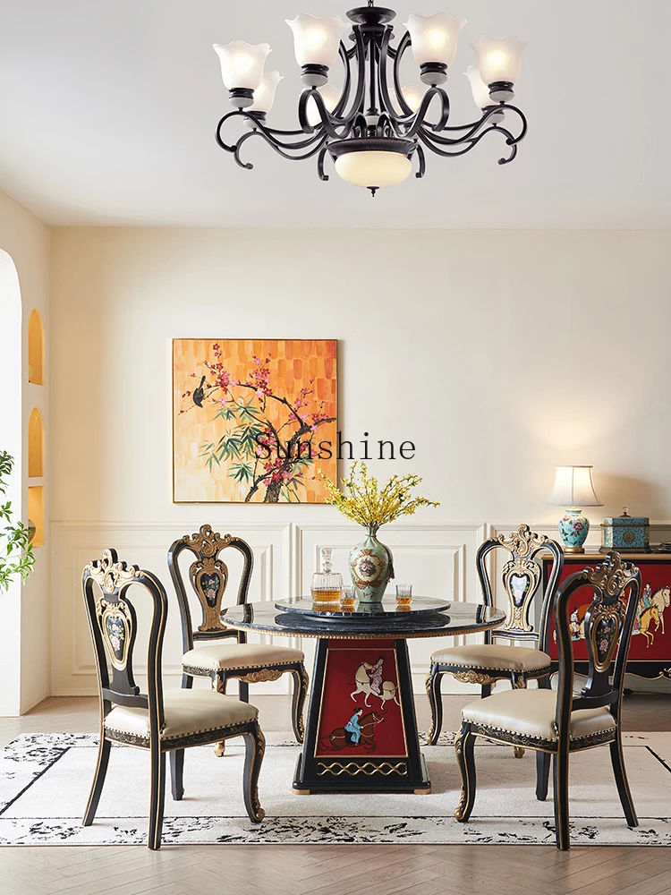 New Chinese high-end villa all solid wood red painted marble round household table and chairs