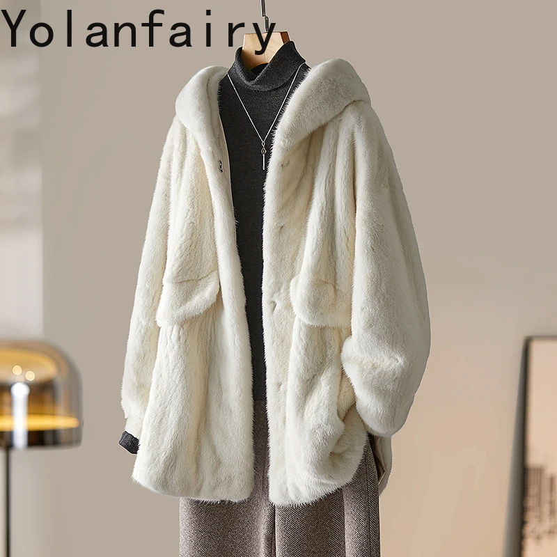 YOLANFAIRY سترة الفراء الحقيقي ملابس النساء الخريف الشتاء مقنعين معطف الفرو الطبيعي امرأة المنك معاطف عادية قصيرة سترات من الفرو 2025