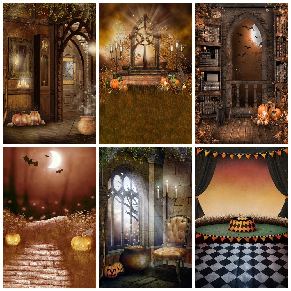 

MOON.QG Vintage Halloween Backgrounds Palace Pumpkin Arch Castle Backdrop Photography Accessories Props Baby Studio Photozone