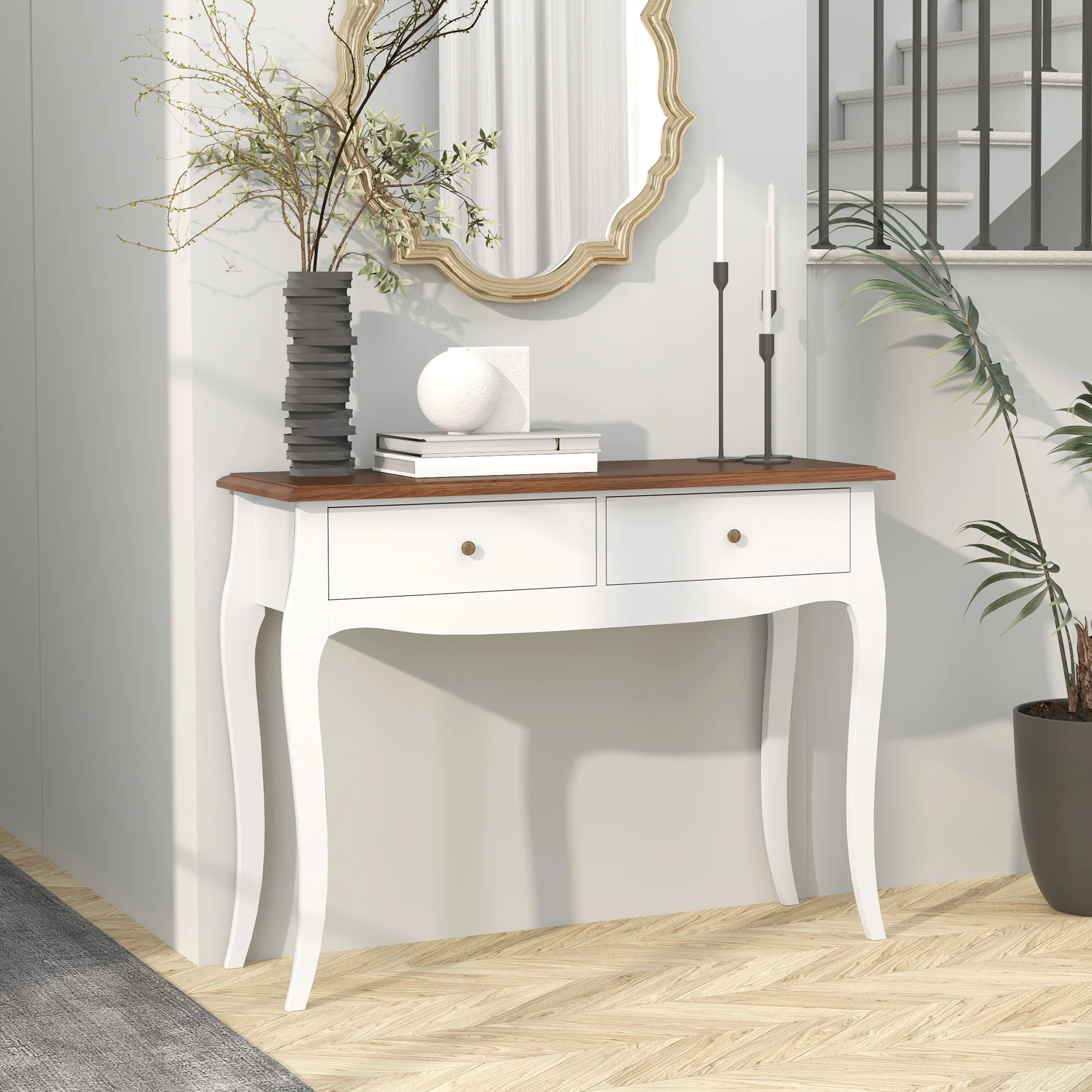 HOMCOM Mesa de Consola con 2 Cajones 100x35x76,5 cm Blanco y Marrón Oscuro