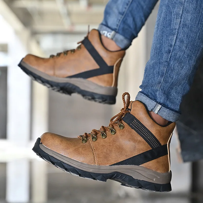 Waterproof Work & Safety Boots Men Leather Boots Indestructible Male Work Shoes Winter Boots Brown Non Slip Steel Toe Shoes