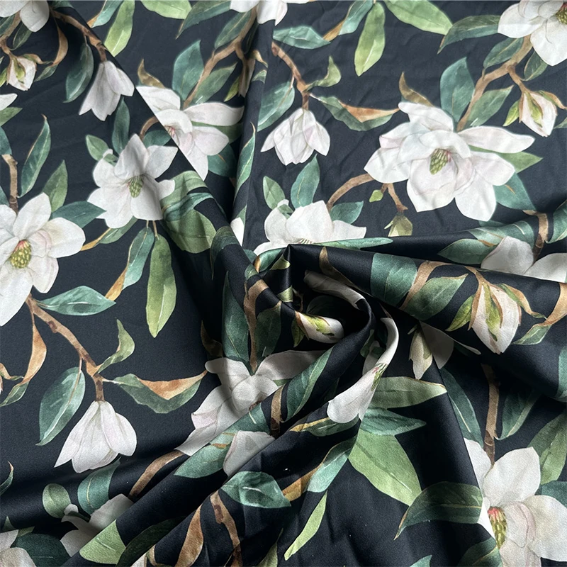 

1 meter 95% Mulberry Silk 5% Spandex 21 momme Charmeuse Silk Fabric Black Lotus Printed 138cm 54" wide by the yard JJ666