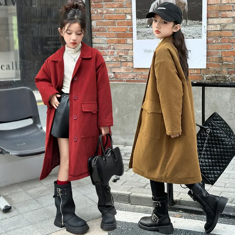 Outono inverno crianças casacos grosso quente meados de comprimento algodão-acolchoado blusão outerwear casual all-match meninas adolescentes trench casaco