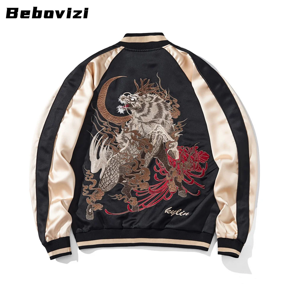 Japanese Sukajan Souvenir Jacket Men Kylin Crescent Moon Cloud Embroidery Satin Bomber Yokosuka Zip Up Streetwear Coat