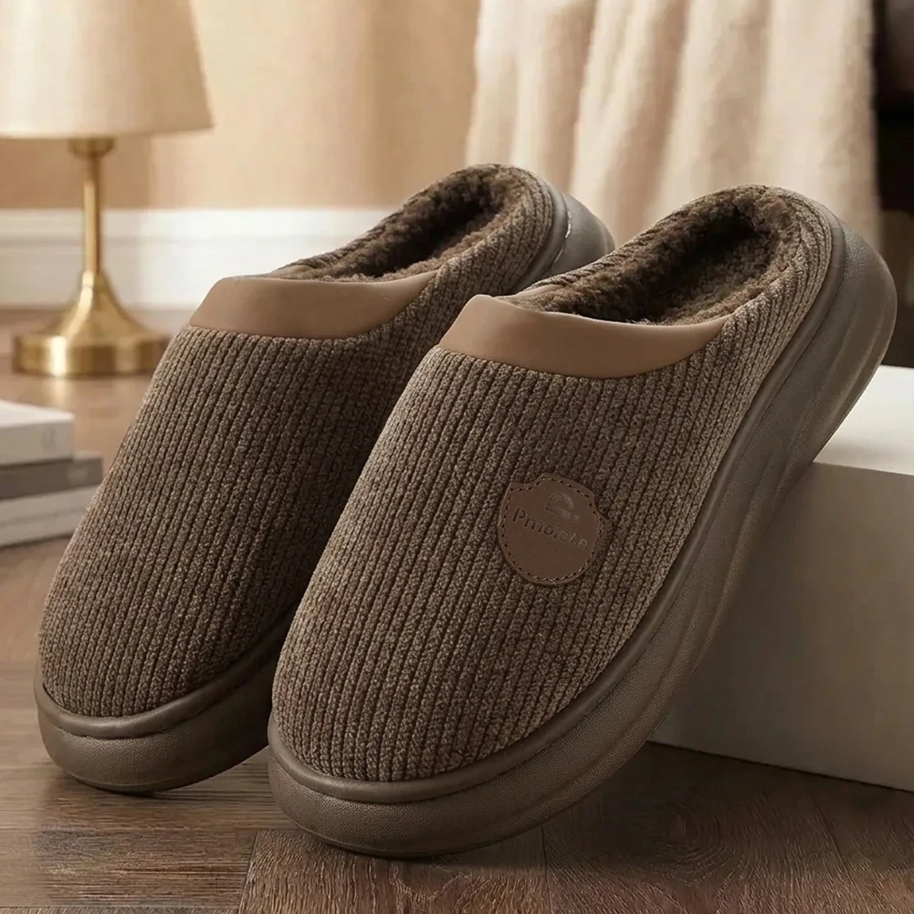 Breit geschnittene Herren-Plattform-Slipper mit Fußgewölbestütze, EVA-Sohle, rutschfest, gestricktes warmes Plüschfutter, bequeme Hausschuhe – Detail 3