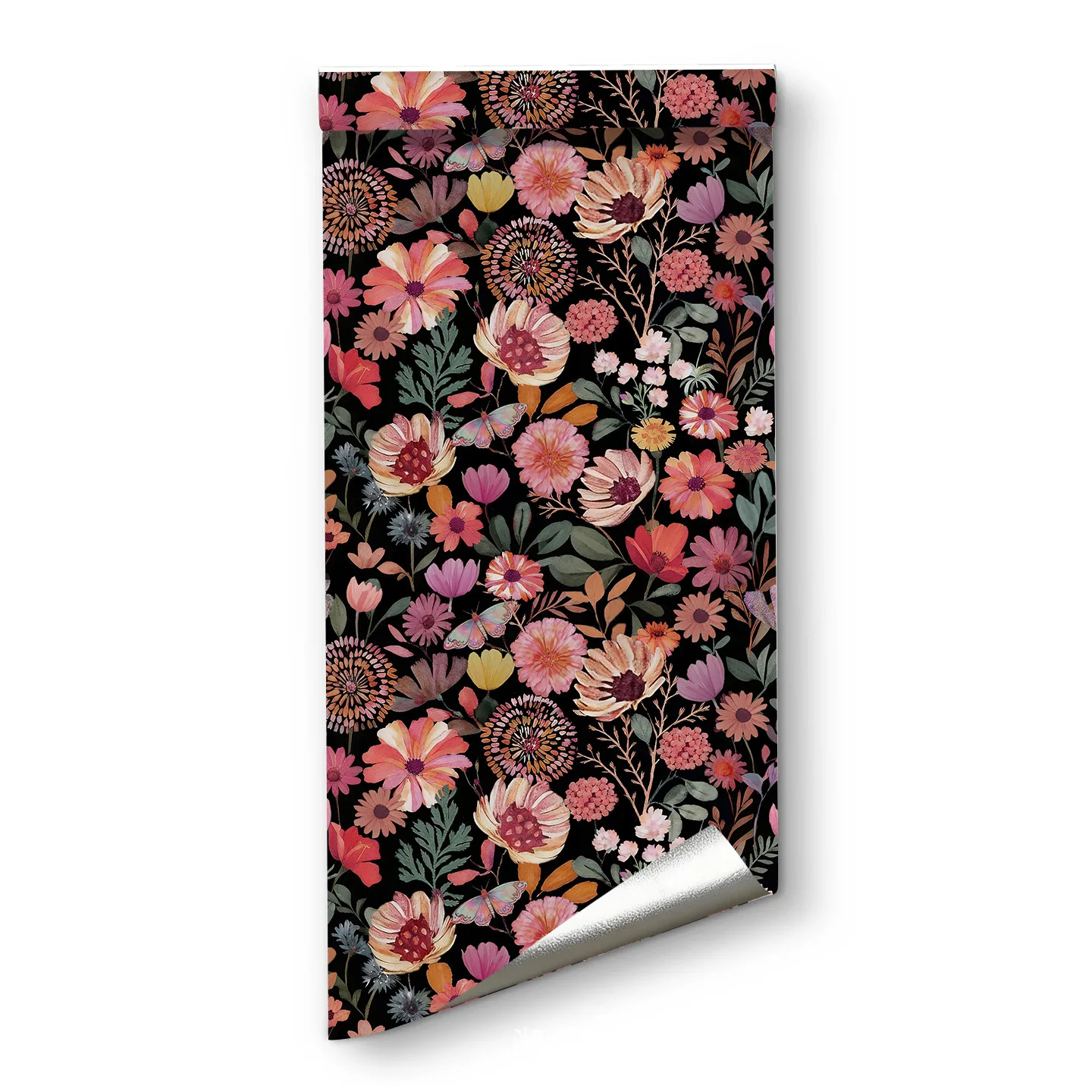 Boho Floral Self Adhesive Wallpaper Peel and Stick Pink Flowers & Butterfly Removable Wall Mural for Bedroom Renter Home Decor